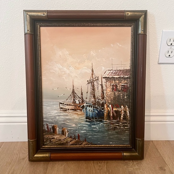 Florence Wilkins Oil Painting Fishing Boats Wood Metal Corner Frame 20”X15.5”